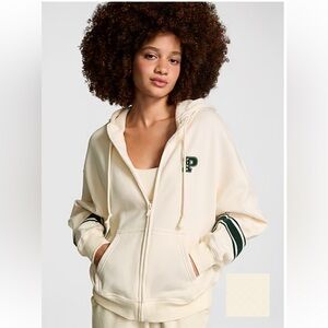 Pink Victoria’s Secret Ivy Fleece Campus Full-Zip Hoodie, White Shell Color,Sz M